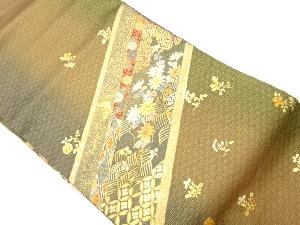 金彩斜め横段に草花・波・古典柄模様刺繍名古屋帯